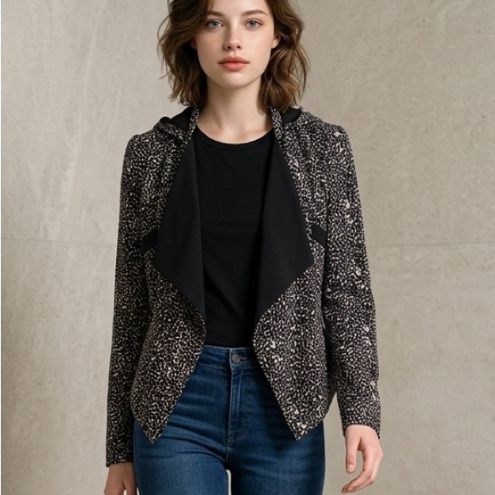 Silence + Noise Black and White Silk Blazer with Tuxedo Lapels